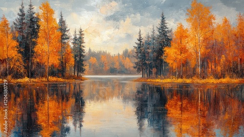 Serene autumn landscape with vibrant orange trees reflecting on a calm lake under a cloudy sky