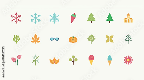  featuring 21 colorful icons representing various seasons and holidays, including snowflakes, trees, leaves, flowers, ice cream cones, a pumpkin, and a church.