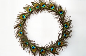 Peacock feathers form circular frame against white background. Colorful feathers create decorative border. Design suitable for elegant branding product presentation. Creative photo for nature lovers