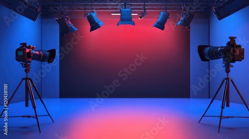 Studio Setup: Ready for action! Two professional cameras mounted on tripods stand poised, capturing the spotlight in a vibrant studio setting.