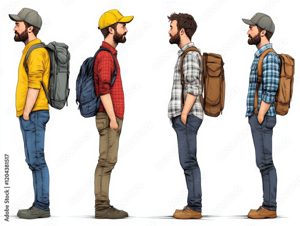 Group of diverse hikers in casual outdoor attire walking in profile view, representing exploration, camaraderie, and the spirit of adventure in modern travel art Group of diverse hikers in casual outdoor attire walking in profile view, representing exploration, camaraderie, and the spirit of adventure in modern travel art