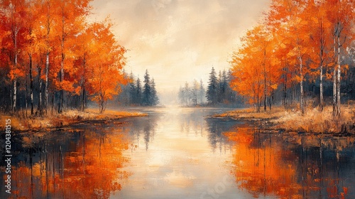 Tranquil autumn landscape with vibrant orange trees reflecting in a serene lake at sunset