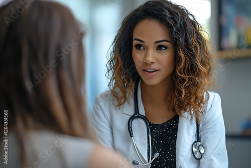 A caring mid-adult female doctor listens attentively to a female patient discussing her health concerns with a warm, empathetic demeanor.