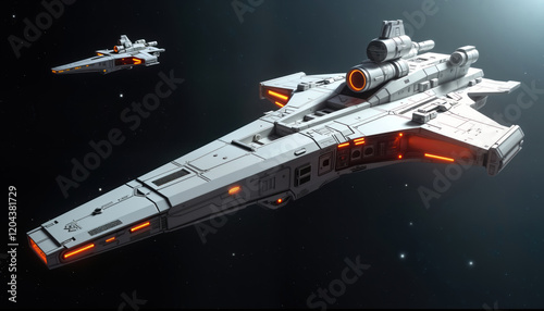 Fototapeta Naklejka Na Ścianę i Meble -  Futuristic spaceship in deep space. Advanced tech craft with orange highlights. Stylish design. Possible interstellar travel warfare scenario. Suitable for science fiction digital art. Space