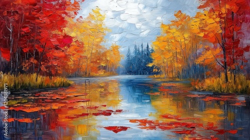 Vibrant autumn landscape with colorful trees reflecting in a serene lake under a cloudy sky