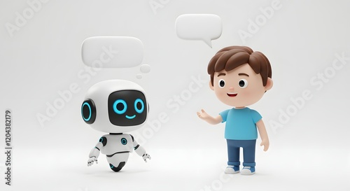 White AI Robot and Boy conversating  photo