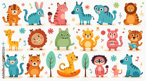 colorful, cartoon-style characters including children reading books, animals like lions, giraffes, dinosaurs, birds, a tree with a face, a polka dot number 5, and a yellow star.