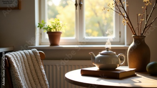 Wallpaper Mural Serene morning tea ritual by a sunlit window, featuring a steaming teapot resting on an antique book, next to a cozy knitted throw, and a vase of dried botanicals Torontodigital.ca