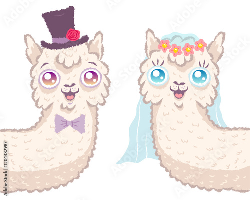 Vector illustration of a cute llamas for wedding invitation. Cute alpaca.