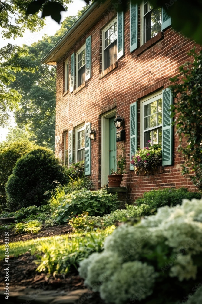 Beautiful brick house with green shutters surrounded by lush garden during a sunny day in a peaceful neighborhood, showcasing charming landscaping and colorful flowers Beautiful brick house with green shutters surrounded by lush garden during a sunny day in a peaceful neighborhood, showcasing charming landscaping and colorful flowers