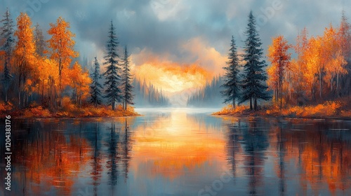 Serene autumn landscape with vibrant trees reflecting in calm lake during sunset, peaceful atmosphere