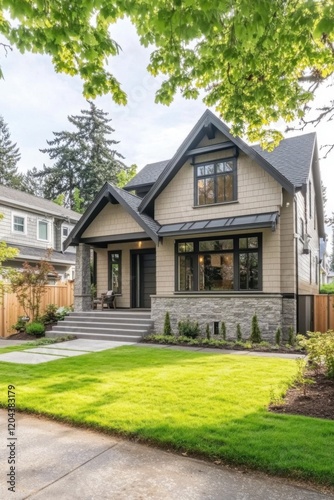 This contemporary family residence boasts stunning landscaping within a peaceful neighborhood  complete with a delightful porch and a vibrant green lawn that enhances its curb appeal
