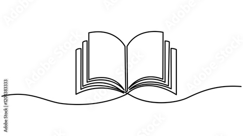 Opened book with flying page in one continuous line drawing. Education study and knowledge library concept in simple linear style,hand drawn book in one line style drawing minimalism decorative art