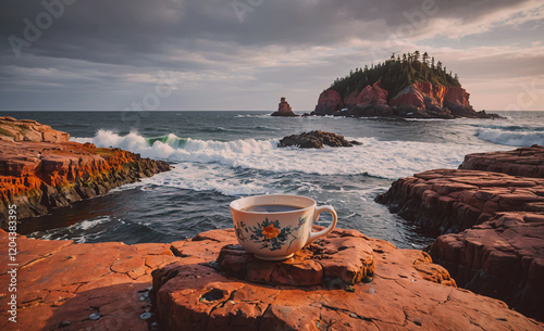 Cup of coffee is sitting on a rock near the ocean. The scene is serene and peaceful, with the waves crashing in the background. The cup of coffee is the only object in the image photo