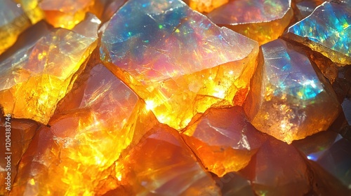 Vibrant close-up of colorful opal gemstones reflecting light, showcasing natural beauty and texture