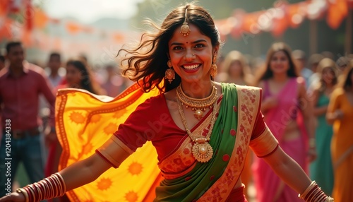 Happy Indian woman dances joyfully in traditional saree at vibrant festival. Colorful attire, festive atmosphere. Traditional Indian clothing, celebrations. Celebration of culture, traditions. Woman photo