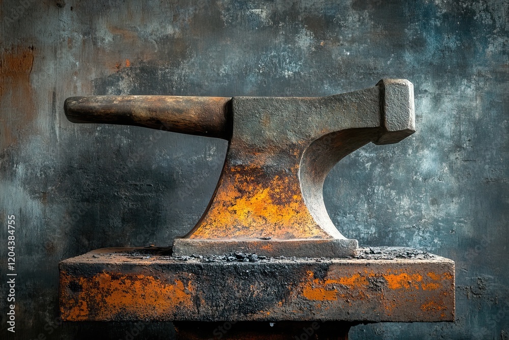 Hammer striking an anvil in a glowing blacksmith workshop. AI generated image Hammer striking an anvil in a glowing blacksmith workshop. AI generated image