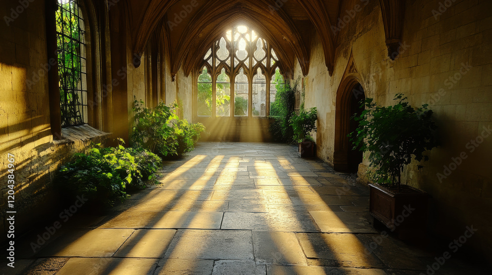 Fototapeta premium Gothic architecture, A serene courtyard set in a Gothic architectural style, featuring cloisters that enhance the tranquil atmosphere of the setting.