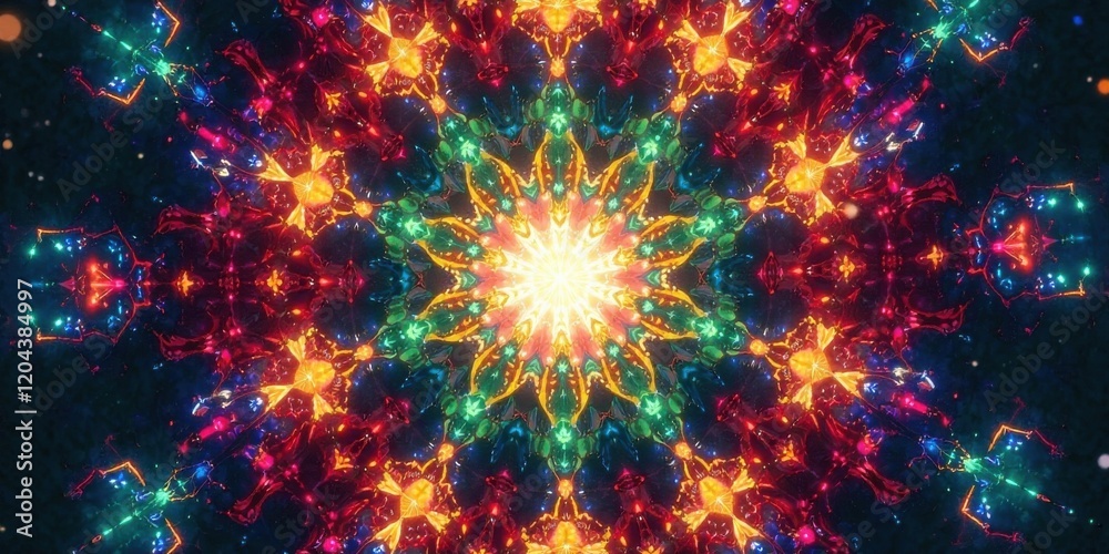 Fototapeta premium Abstract Vibrant Kaleidoscope A Symmetrical Design of Interlocking Jewel-Toned Patterns Featuring a Central Radiant Glow