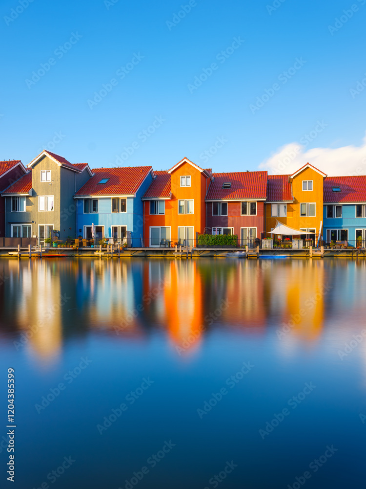 Groningen, Netherlands. The famous colourful houses on the shore of the bay. Reflections on the surface of the water. Journey through the Netherlands. Groningen, Netherlands. The famous colourful houses on the shore of the bay. Reflections on the surface of the water. Journey through the Netherlands.