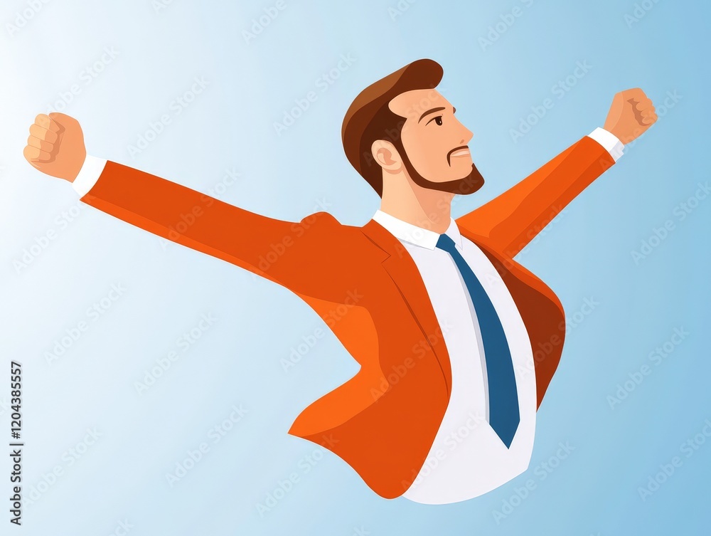Cheerful business professional in orange suit celebrating with raised arms, exuding energy, confidence, and success in a dynamic and professional illustration Cheerful business professional in orange suit celebrating with raised arms, exuding energy, confidence, and success in a dynamic and professional illustration