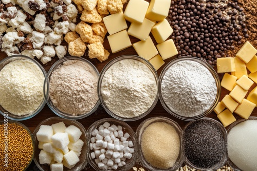Baking Ingredients Collection - A variety of baking ingredients like flour, sugar, and butter arranged in a creative layout. photo