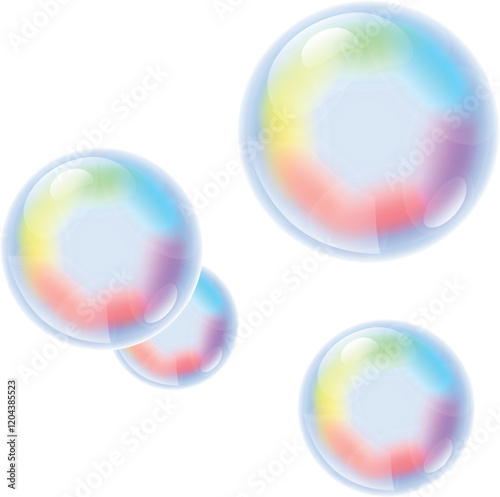 Bright rainbow soap bubbles isolated on white background close up