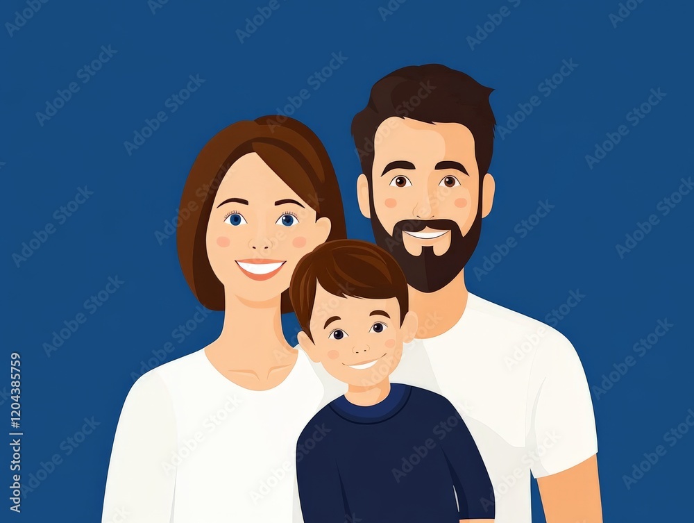 Family of three smiling warmly against a blue background, symbolizing love, unity, and emotional connection in a clean and modern vector portrait illustration Family of three smiling warmly against a blue background, symbolizing love, unity, and emotional connection in a clean and modern vector portrait illustration