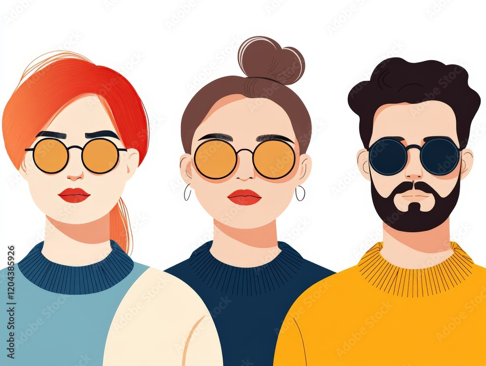Stylish group of four adults with distinct hairstyles and bold eyewear, symbolizing individuality, modern fashion, and unique personalities in a vibrant vector illustration Stylish group of four adults with distinct hairstyles and bold eyewear, symbolizing individuality, modern fashion, and unique personalities in a vibrant vector illustration