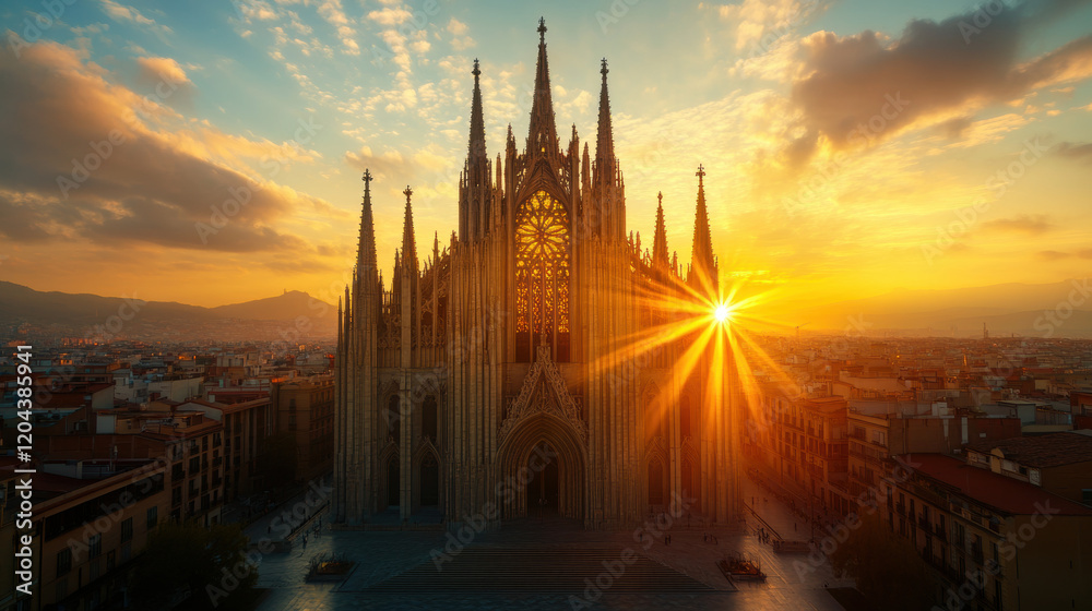 Fototapeta premium Gothic architecture, A stunning high-fidelity image of a Gothic cathedral at sunrise, showcasing intricate architectural details and vibrant colors.