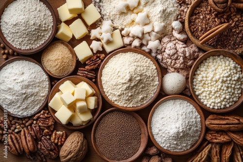 Baking Ingredients Collection - A variety of baking ingredients like flour, sugar, and butter arranged in a creative layout. photo