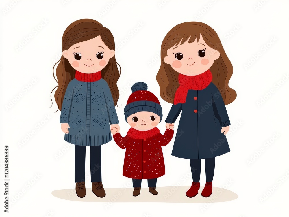 Stylish family dressed for winter stroll with mother, child, and grandmother in cozy coats enjoying outdoor snow covered landscape for seasonal portrait photography in soft illustration Stylish family dressed for winter stroll with mother, child, and grandmother in cozy coats enjoying outdoor snow covered landscape for seasonal portrait photography in soft illustration