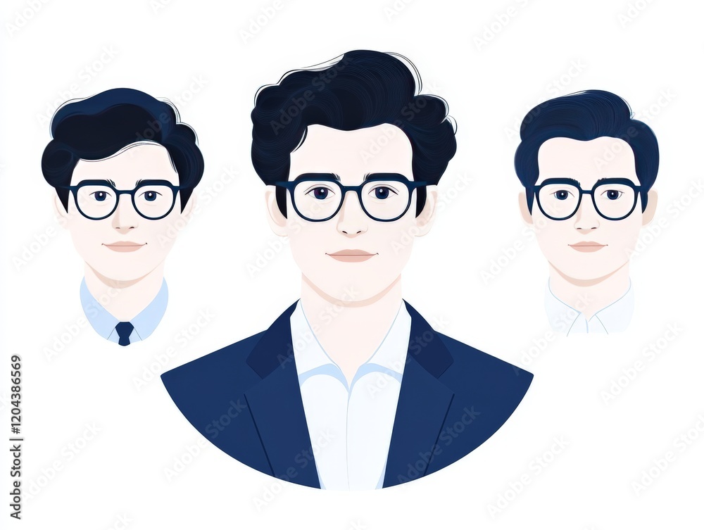 Portrait of three men with neatly combed dark hair and glasses, symbolizing professionalism and modern teamwork, rendered in a sleek, clean vector art style with corporate undertones Portrait of three men with neatly combed dark hair and glasses, symbolizing professionalism and modern teamwork, rendered in a sleek, clean vector art style with corporate undertones