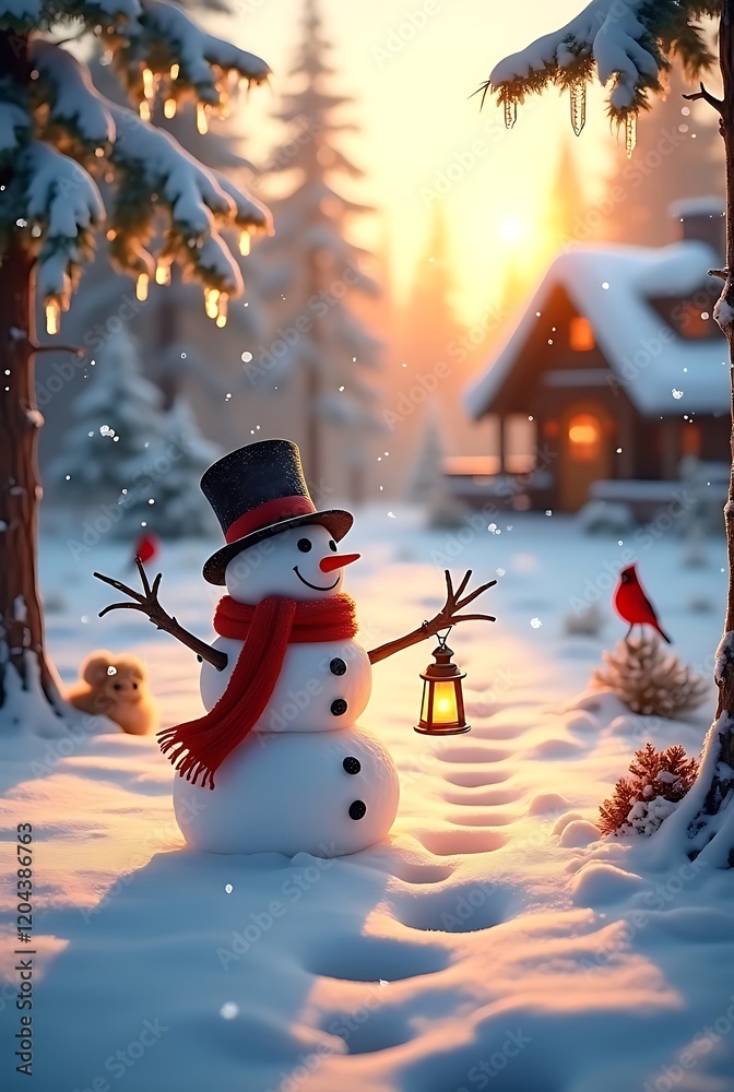 Fototapeta premium Snowman with Lantern in Winter Wonderland