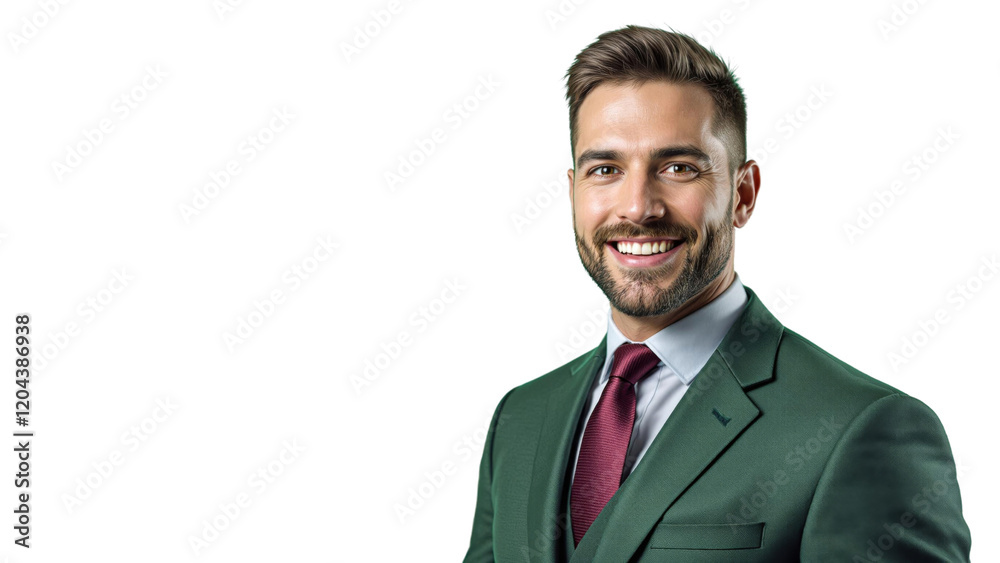 Smiling Young Businessman in a Green Suit and Red Tie Against a Light Green Background Smiling Young Businessman in a Green Suit and Red Tie Against a Light Green Background