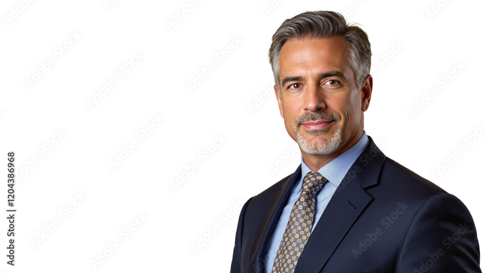 Confident Mature Businessman in a Navy Suit and Patterned Tie on a Beige Background Confident Mature Businessman in a Navy Suit and Patterned Tie on a Beige Background