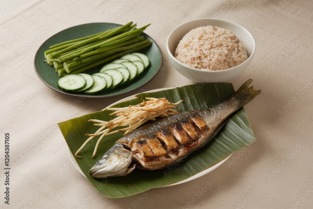 Grilled Fish with Rice, Vegetables, and Bean Sprouts: A Delicious and Healthy Asian-Inspired Meal Grilled Fish with Rice, Vegetables, and Bean Sprouts: A Delicious and Healthy Asian-Inspired Meal