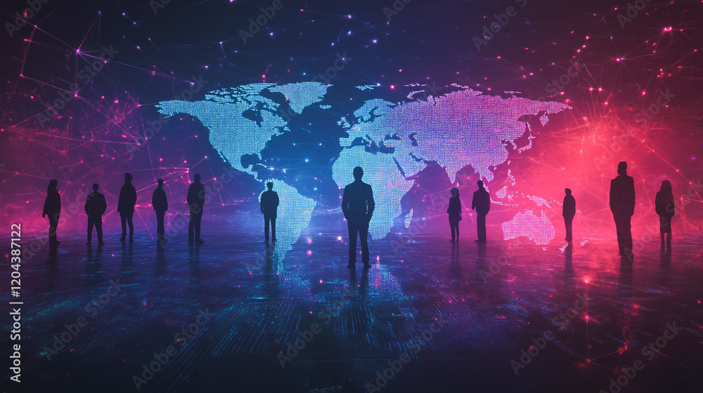 Obraz premium abstract professional business team people innovation connection of line from nail node to node on map background , networking concept