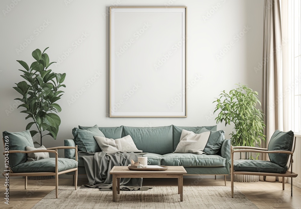 A large blank white poster frame mounted on the wall of a minimalist living room with a green sofa and modern chairs. A large blank white poster frame mounted on the wall of a minimalist living room with a green sofa and modern chairs.