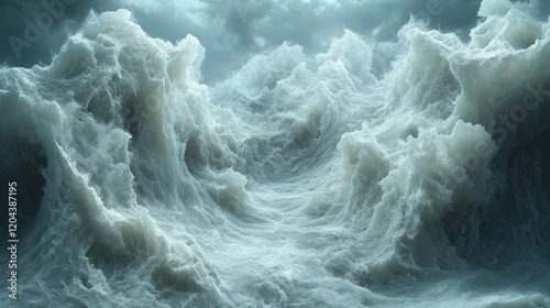 Dramatic stormy ocean waves crashing against each other under a moody sky, evoking power and nature's fury
