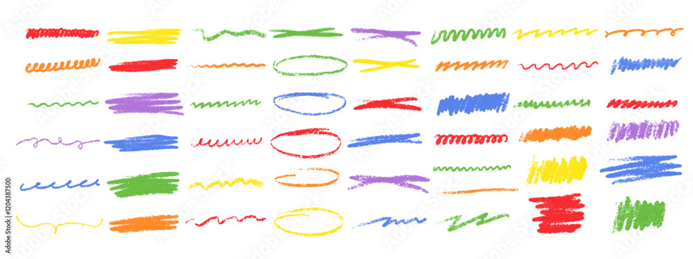 Vector colorful illustrations of markers, brushes and stylized pencil sketches. Chalk strokes, pencil swirls, ovals, circles and redraws . Hand drawn lines, stroke separators in various patterns.
