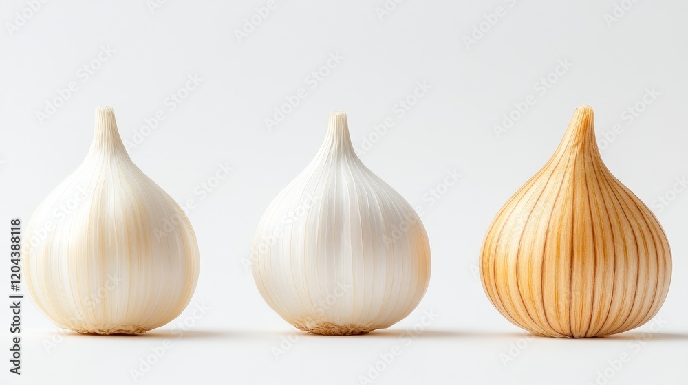Obraz premium Isolated Garlic Bulbs in Three Poses - Three single garlic bulbs, various stages, white background, healthy food, culinary ingredient. Represents growth, flavor, and natural beauty.