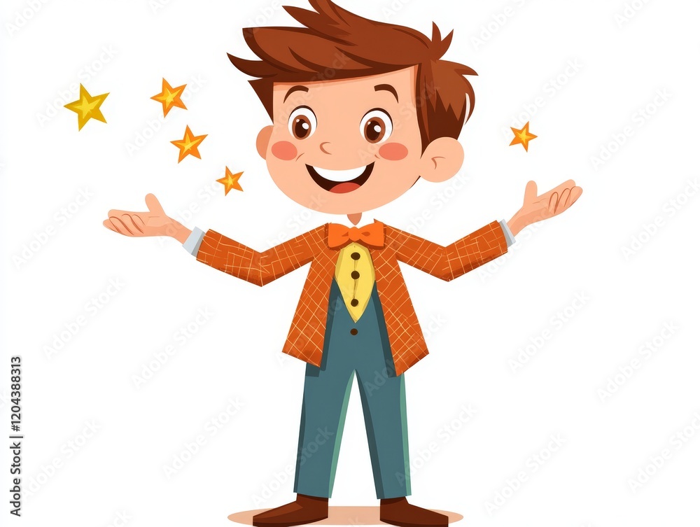Happy and animated boy wearing a bright orange jacket with scattered golden stars around him, symbolizing energy, creativity, and youthful vibrancy in a colorful artistic style Happy and animated boy wearing a bright orange jacket with scattered golden stars around him, symbolizing energy, creativity, and youthful vibrancy in a colorful artistic style