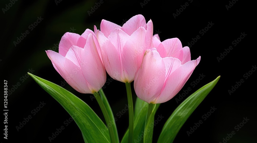 Fototapeta premium Pink tulips bouquet, dark background, spring flowers, floral design, greeting card