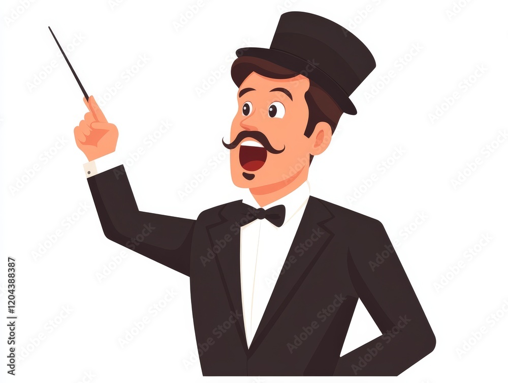 Animated conductor in a black tuxedo and top hat, passionately leading with baton against vivid red background embodying artistic flair leadership and musical passion in bold vector design Animated conductor in a black tuxedo and top hat, passionately leading with baton against vivid red background embodying artistic flair leadership and musical passion in bold vector design
