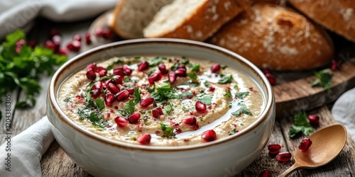 Middle Eastern cuisine, creamy hummus dip, pomegranate seeds, rustic wooden table, fresh parsley garnish, artisanal bread slices, earthenware bowl, warm color palette, appetizer spread, food photograp photo