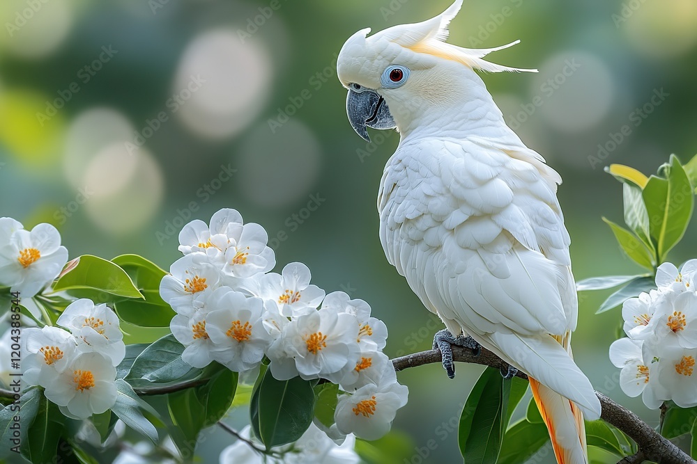 Cockatoo parrot sitting on a flowering tree branch Cockatoo parrot sitting on a flowering tree branch
