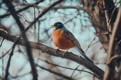 Beautiful small robin bird on a tree branch
