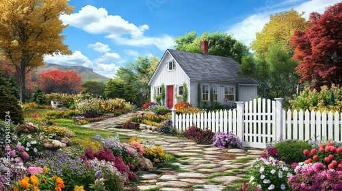 Charming White Cottage Nestled In A Colorful Autumn Garden photo