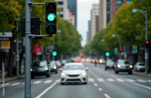 Green traffic light illuminates crosswalk on Melbourne street. Cars move smoothly on urban road. Cityscape with buildings, trees in background. Transportation, urban life concept. Busy traffic flow.